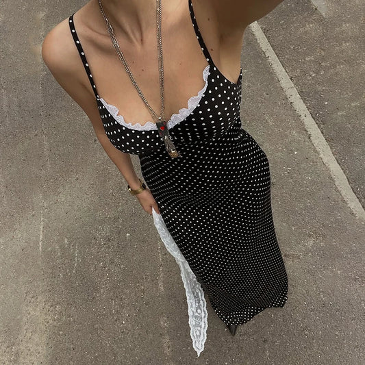 Black Polka Dot V-Neck Lace Slim Midi Dress