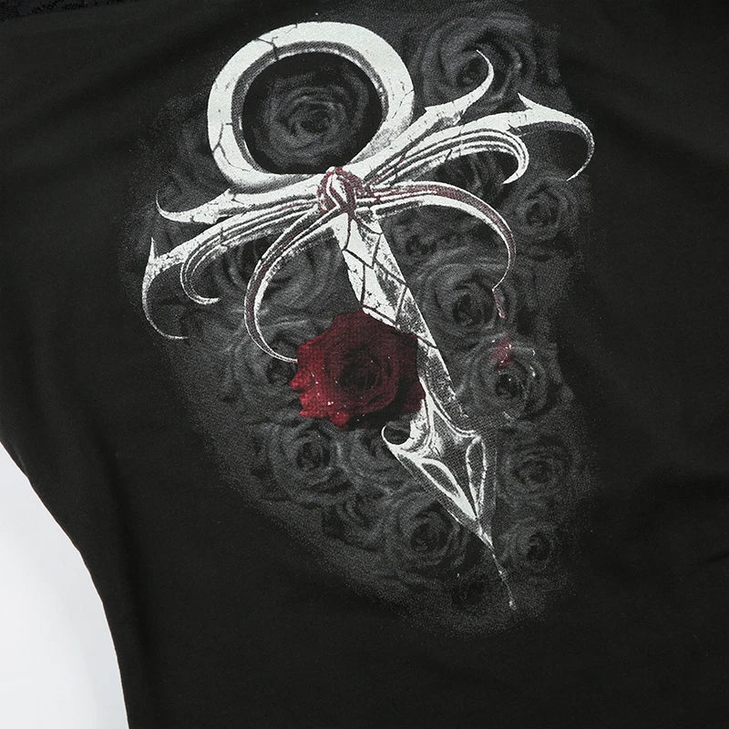 Gothic Lace Print Slim Top Long Sleeves Tee Shirts ing