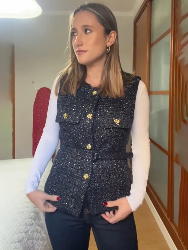 Twe Vest Coat With Belt O Neck Sleeveless Front Button Jacket Coat Outer Sequin Vest Top