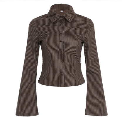 Striped Print Button-Up Blouse with Flare Sleeves Brown