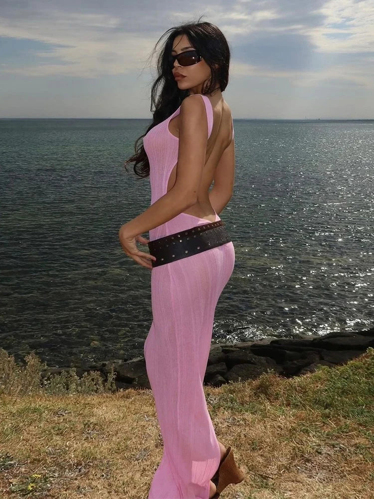 Suspendency Dress Hipster Sumple Solid Backlesss Split Straight Maxi Bodycon Classic