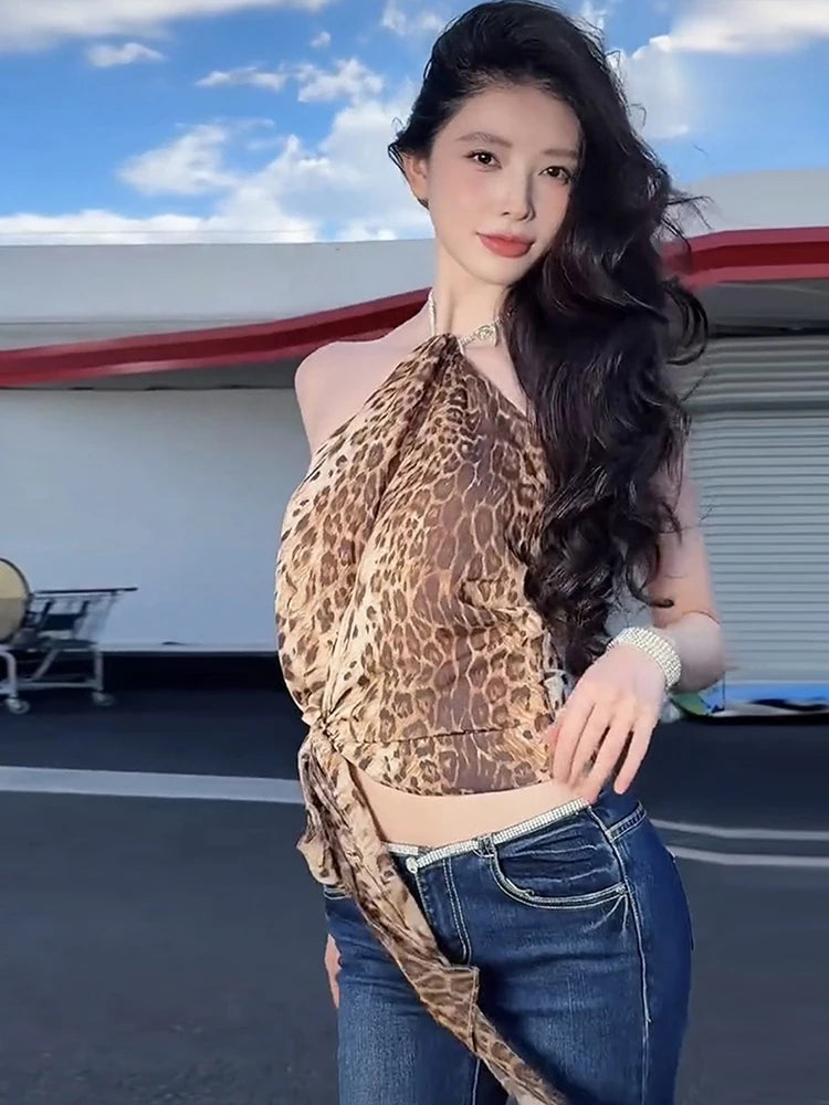 Leopard Backless Halter Tank Top
