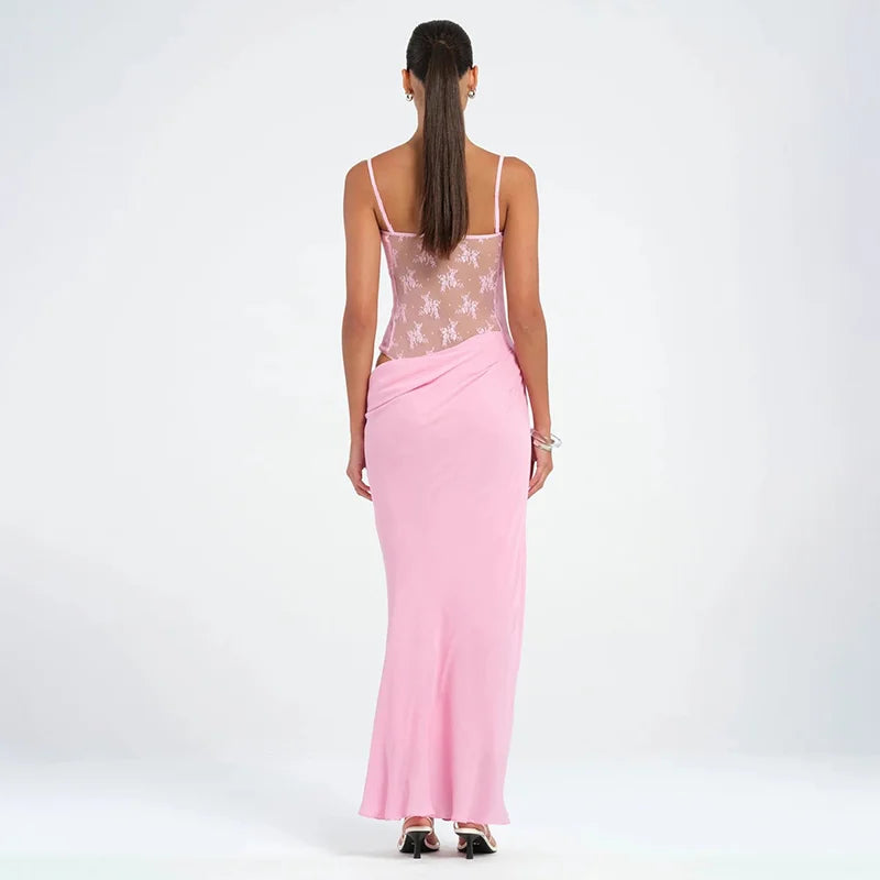 'S Spring And Color Camisole Lace Tight Patchwork Dress Hollow Out See-Through Fishtail Dress