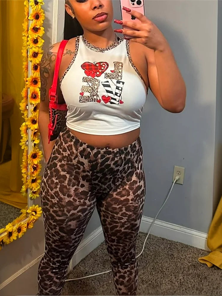 Leopard Print 2 Piece Set Letter p Top Peach Hip Pant Suit