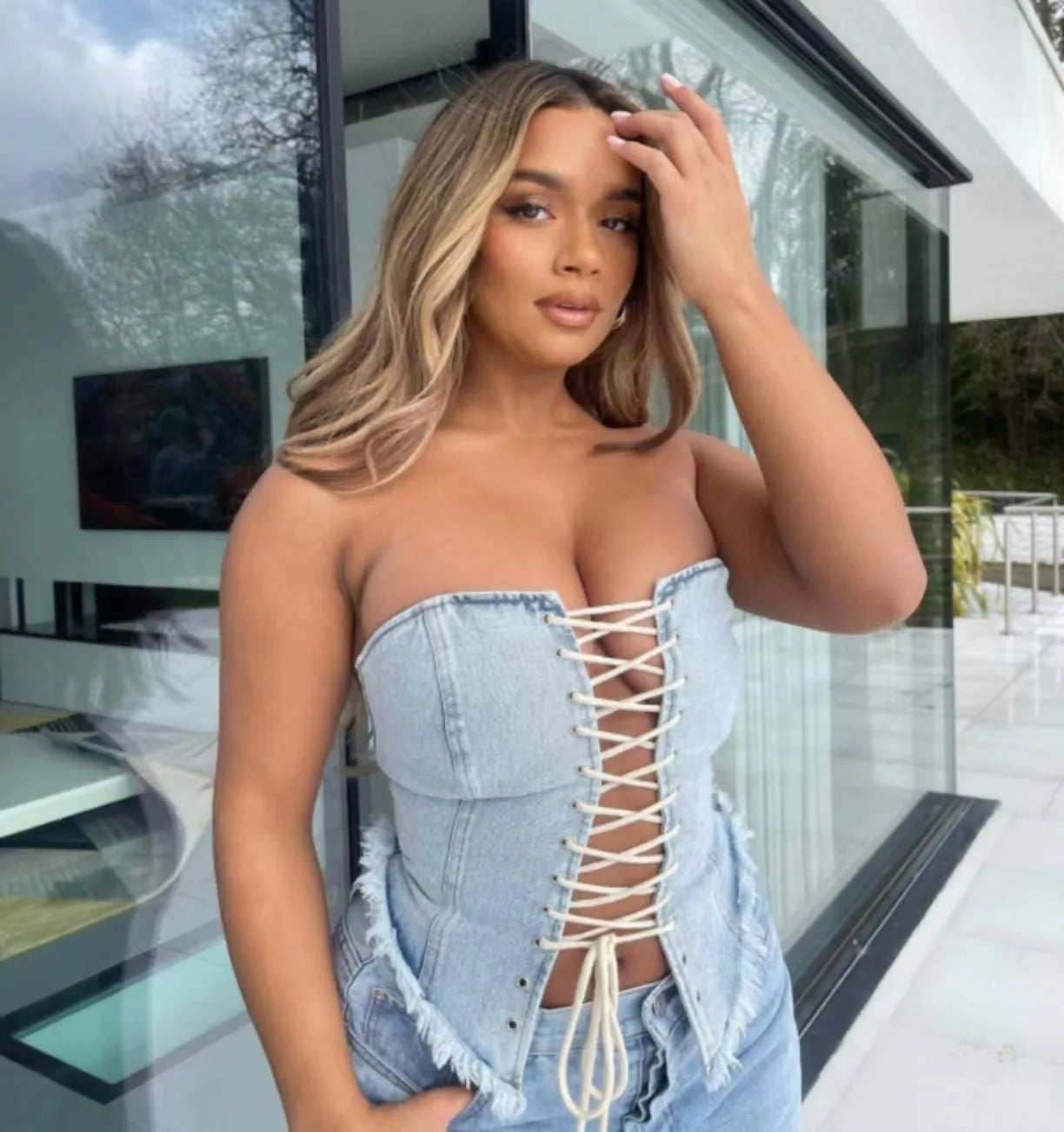 Denim Drawstring Strapless Top