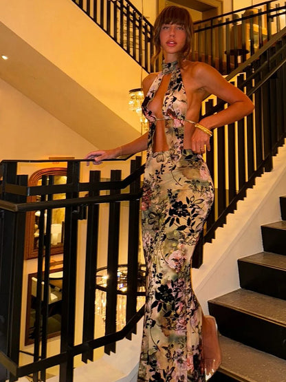Green Halter Backless Top & Maxi Skirt Set