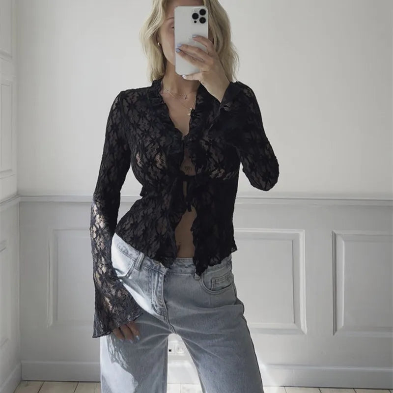 Sheer Lace Floral Flare Sleeve Top