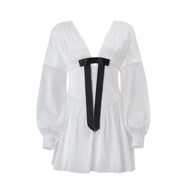 White V-Neck Long Sleeve Loose Ruffle Mini Dress