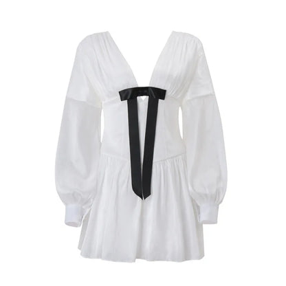 White V-Neck Long Sleeve Loose Ruffle Mini Dress