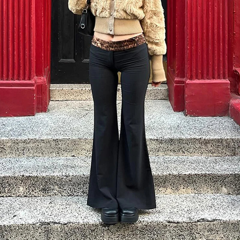 Leopard Print Patchwork Flare Pants Low Waisted 's Bottoms Retro Trousers