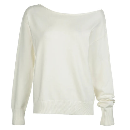 Skew Collar Knit Pullover - Loose All-Match Sweater WHITE