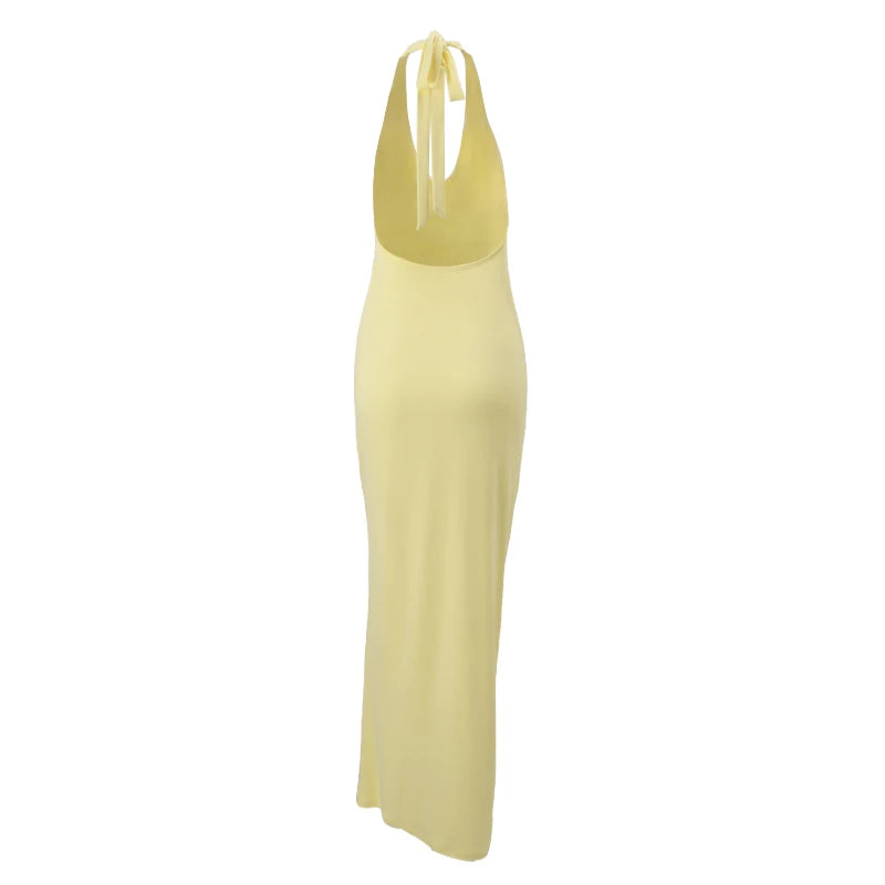 Yellow Slim Sleeveless Backless Halter Long Dress