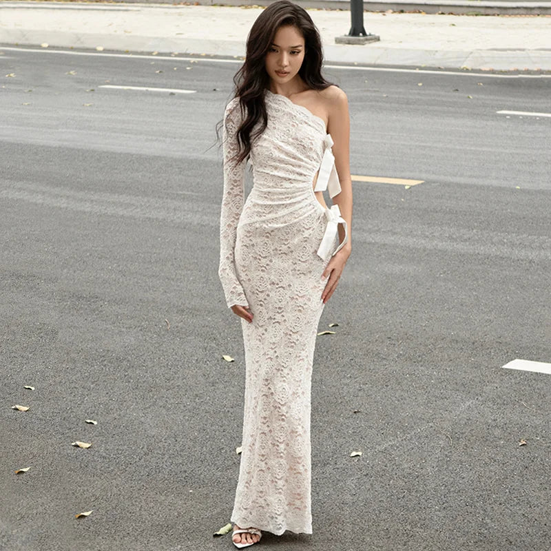 White Lace Hollow Out Sleeveless Sheath Maxi Dress
