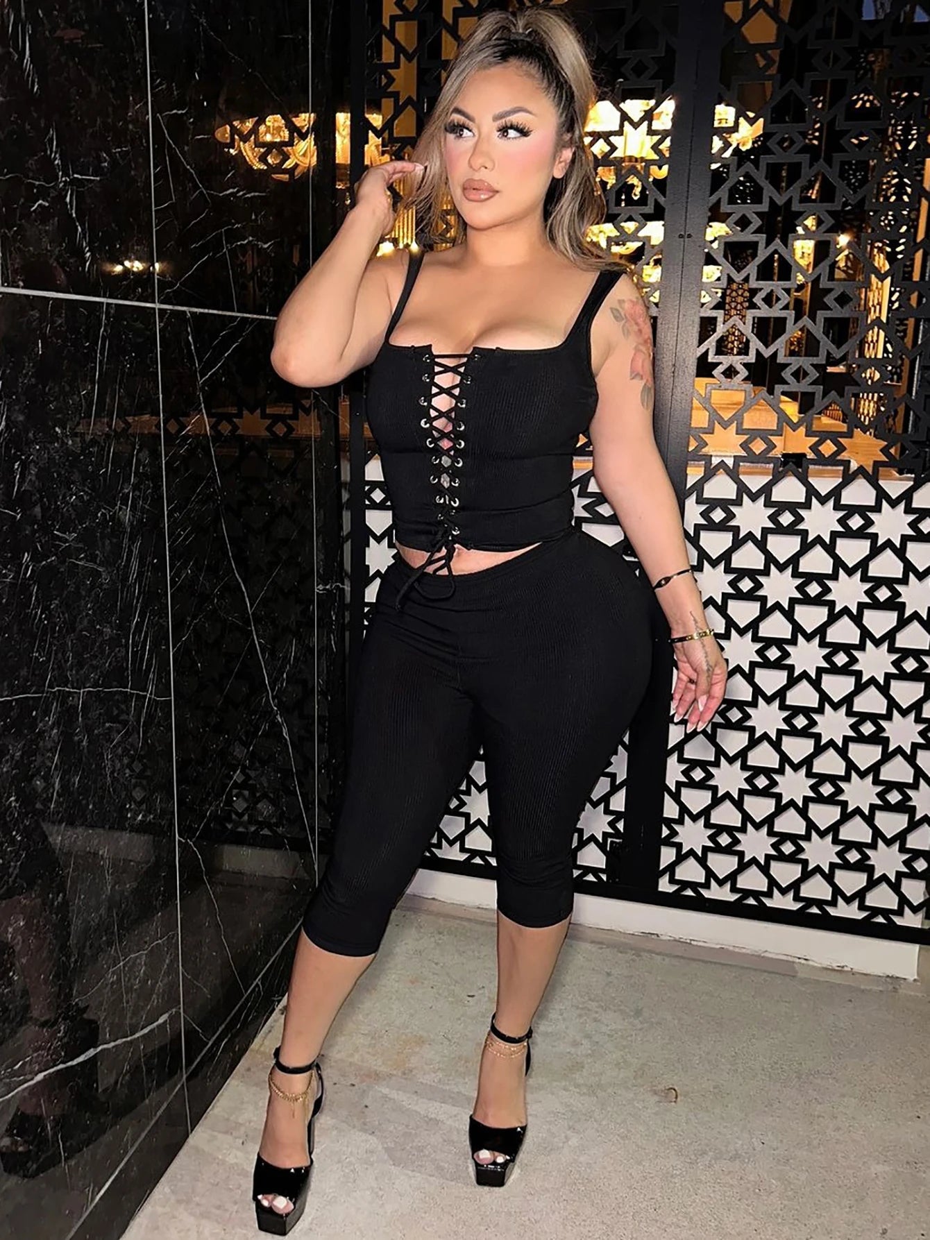 Ribbed Lace Up Crop Corset Shorts Matching Set