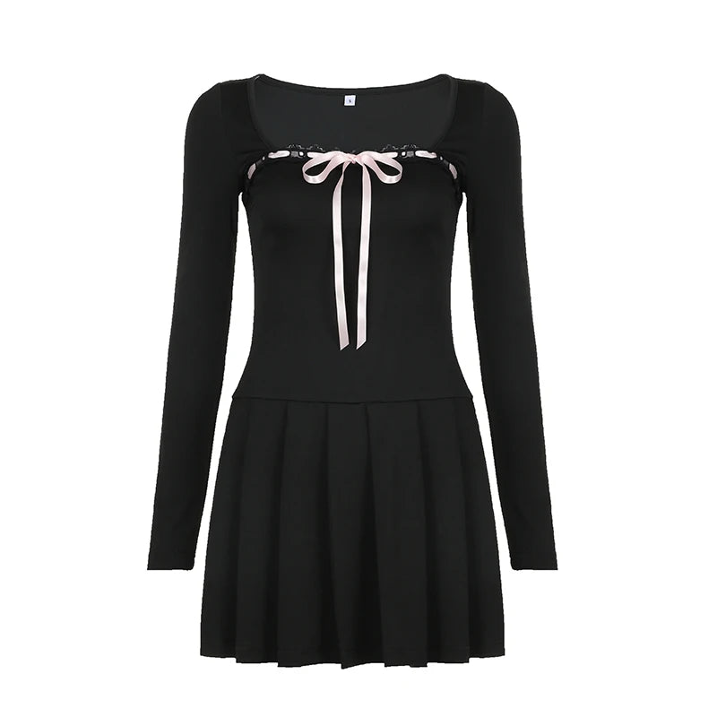 Black Lace Up Square Collar Dresses Balletcore Aesthetic Bodycon Long Sleeve Mini Dress Korean