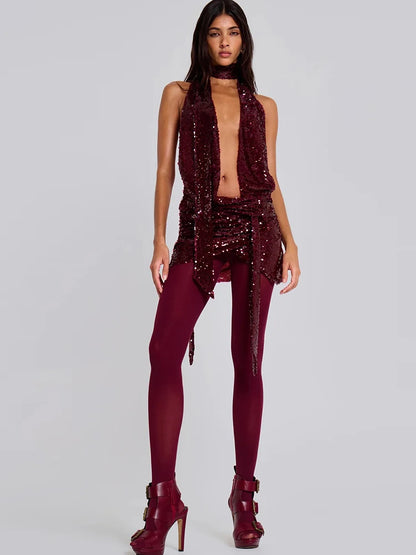 Claret Sequins Deep V Neck Backless Mini Dress