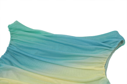 Blue Tie Dye Off Shoulder Slim Ruffle Top