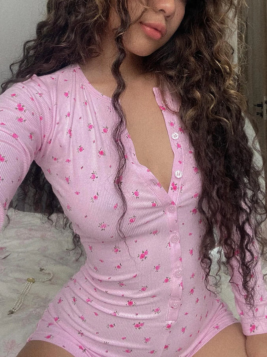 Floral Print Rompers Crewneck Long Sleeves Jumpsuits