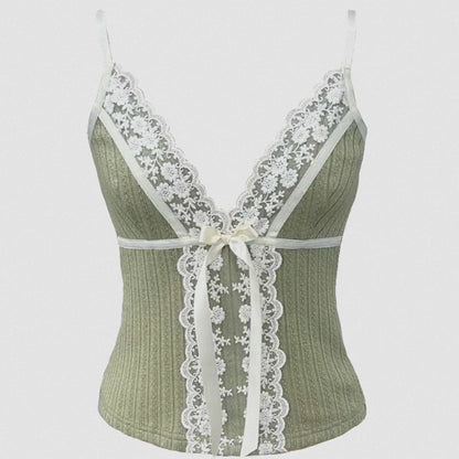 Ribbon Bow Lace V-Neck Top green