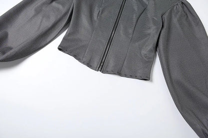 Long Sleeve Zipper Jacket and Bubble Shorts Two Piece Set