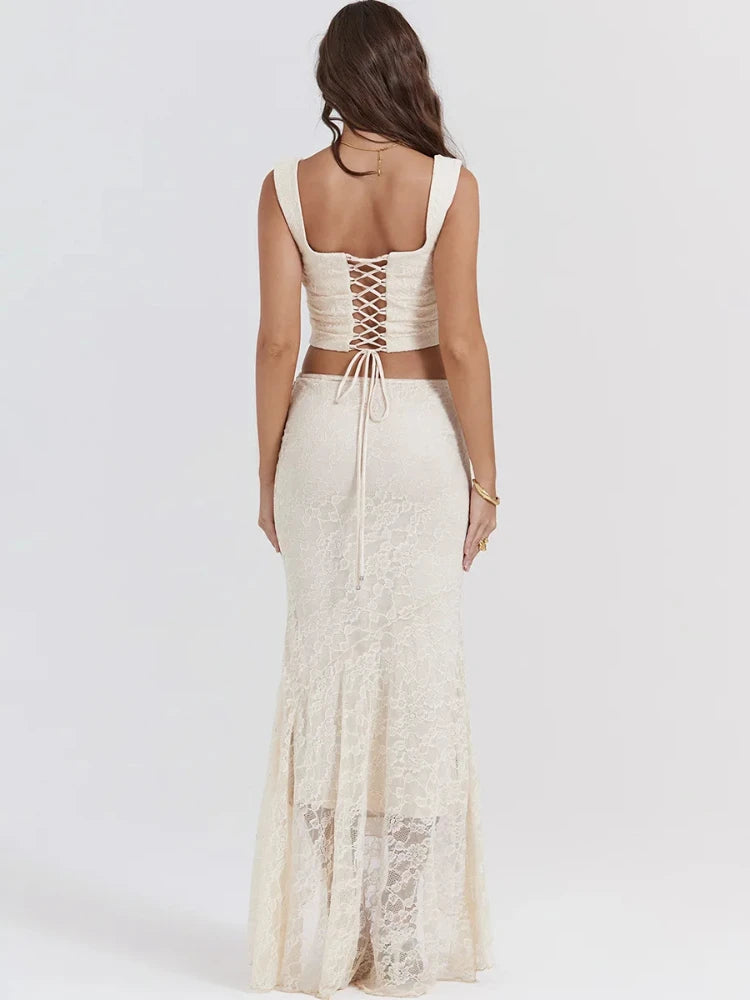 Ivory Lace Top and Maxi Skirt Set