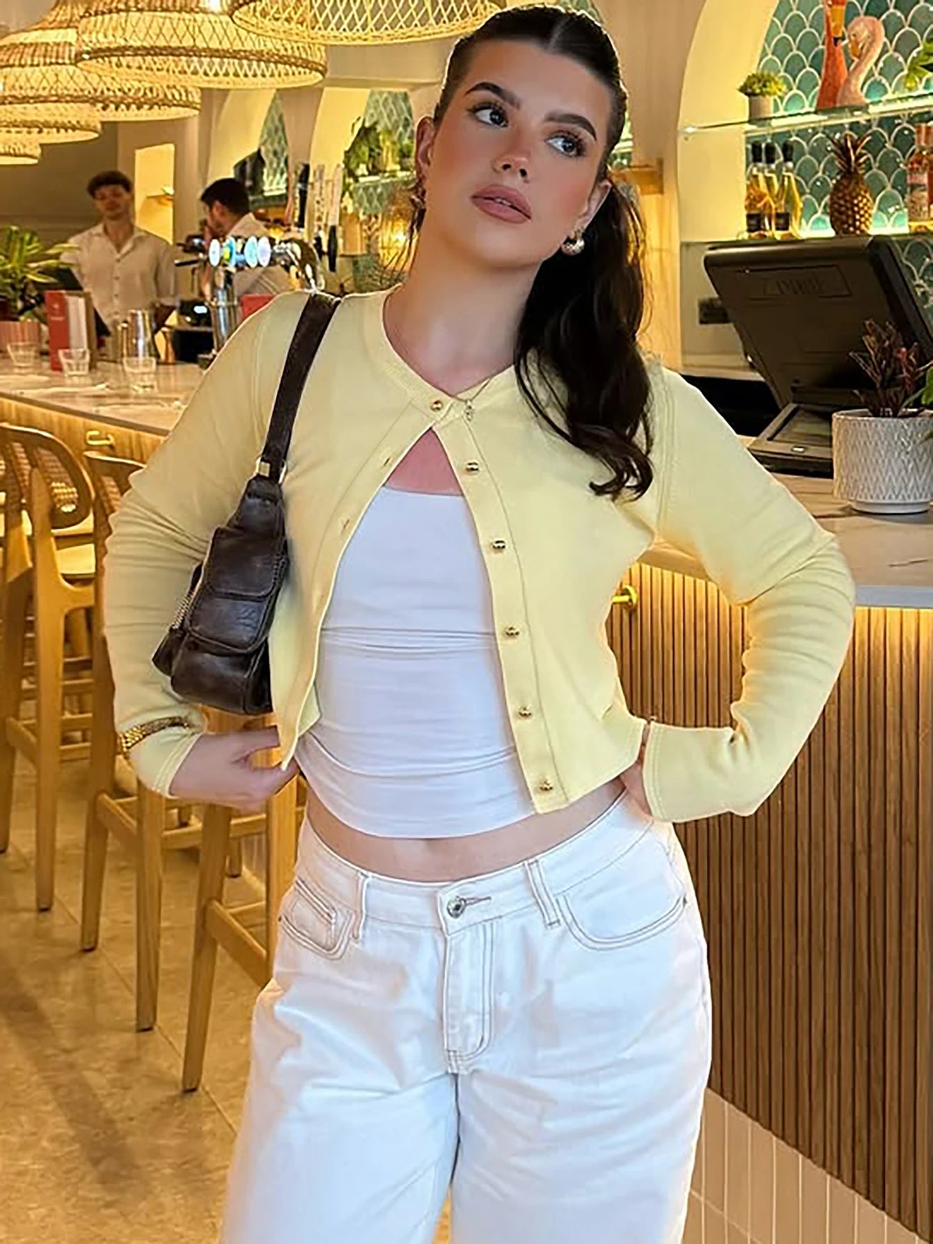 Yellow O-Neck Long Sleeve Cardigan