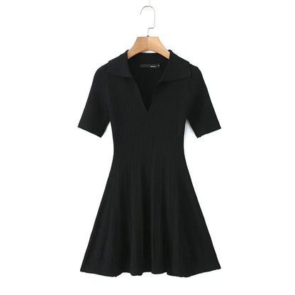 Khaki Knit Bodycon Dress with Polo Collar black One Size