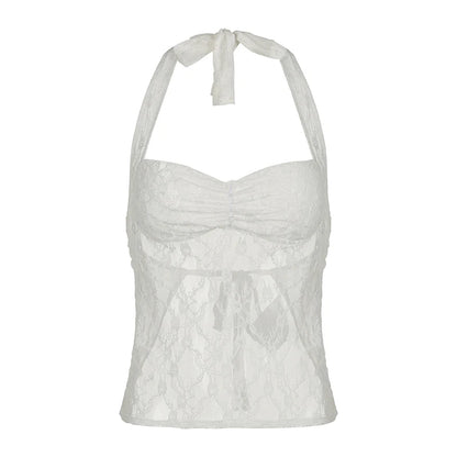 Lace Halter Camis Backless Lace-up Top White