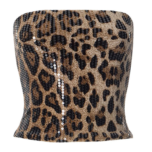 Leopard Strapless Sequin Backless Top