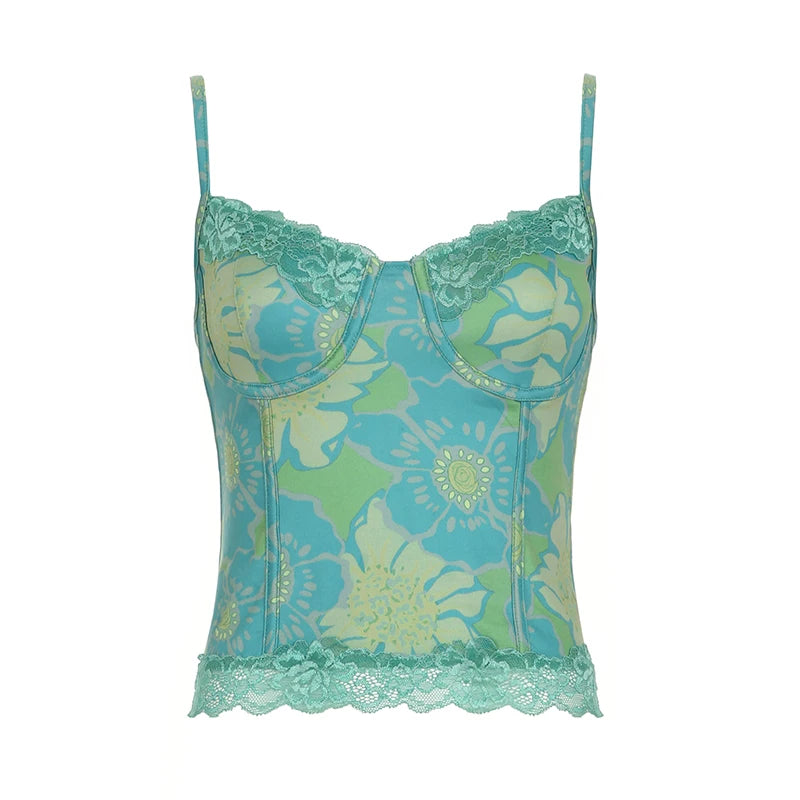 Floral Print Bustier Fairycore Top with Lace Patchwork