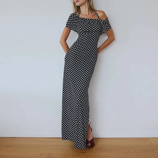 Black Polka Dot Backless Split Maxi Dress