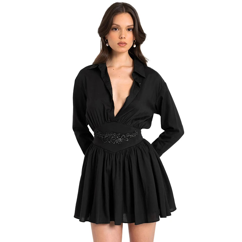 Solid Color Lapel Long Sleeve Embroidery Dress Ruffle Runch Short Dress Wear