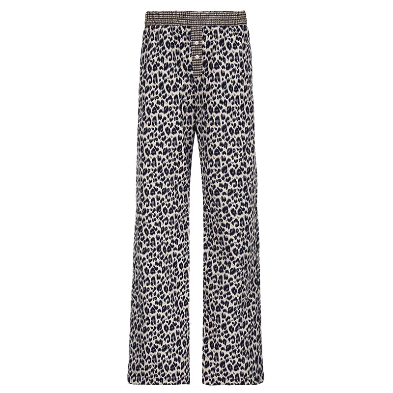 Leopard Patchwork Straight Pant Elatic Wait Trouer Baggy Bottom