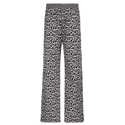 Leopard Patchwork Straight Pants - Elastic Waist Baggy Trousers Brown