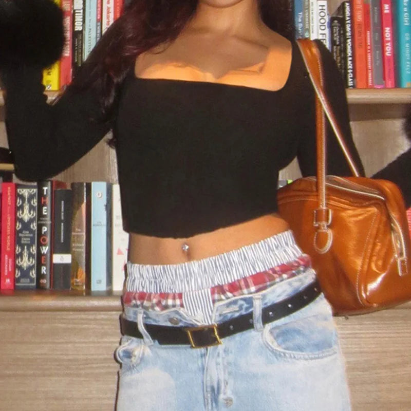 Square Collar Tee Shirts Crop Top Long Sleeves Fur Cuff Slim Kintted