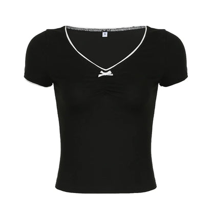Crewneck Bow Patchwork Ruched Tee Shirt Black