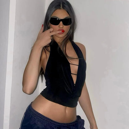 Deep V-neck Halter Crop Top with Hollow Out Design