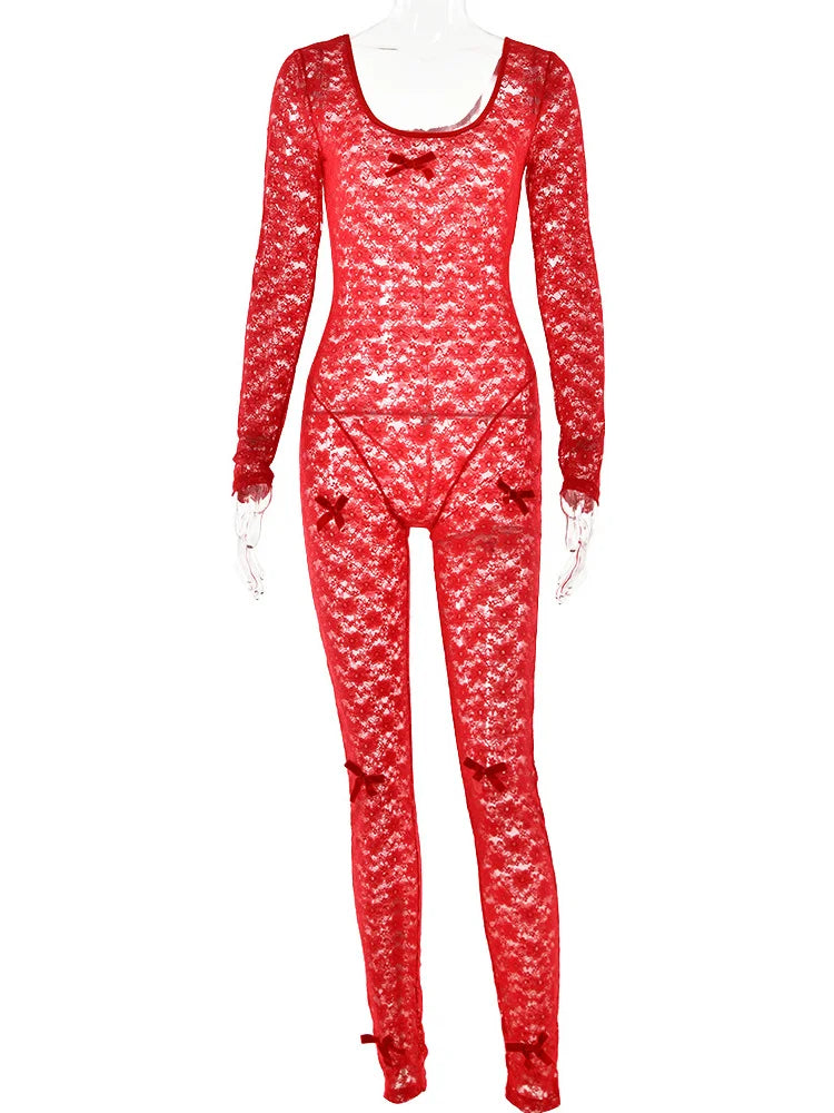 Lace Transparent Thin Solid Jumpsuit Long Sleeve Slim Fit Sheer Night Street Jumpsuit