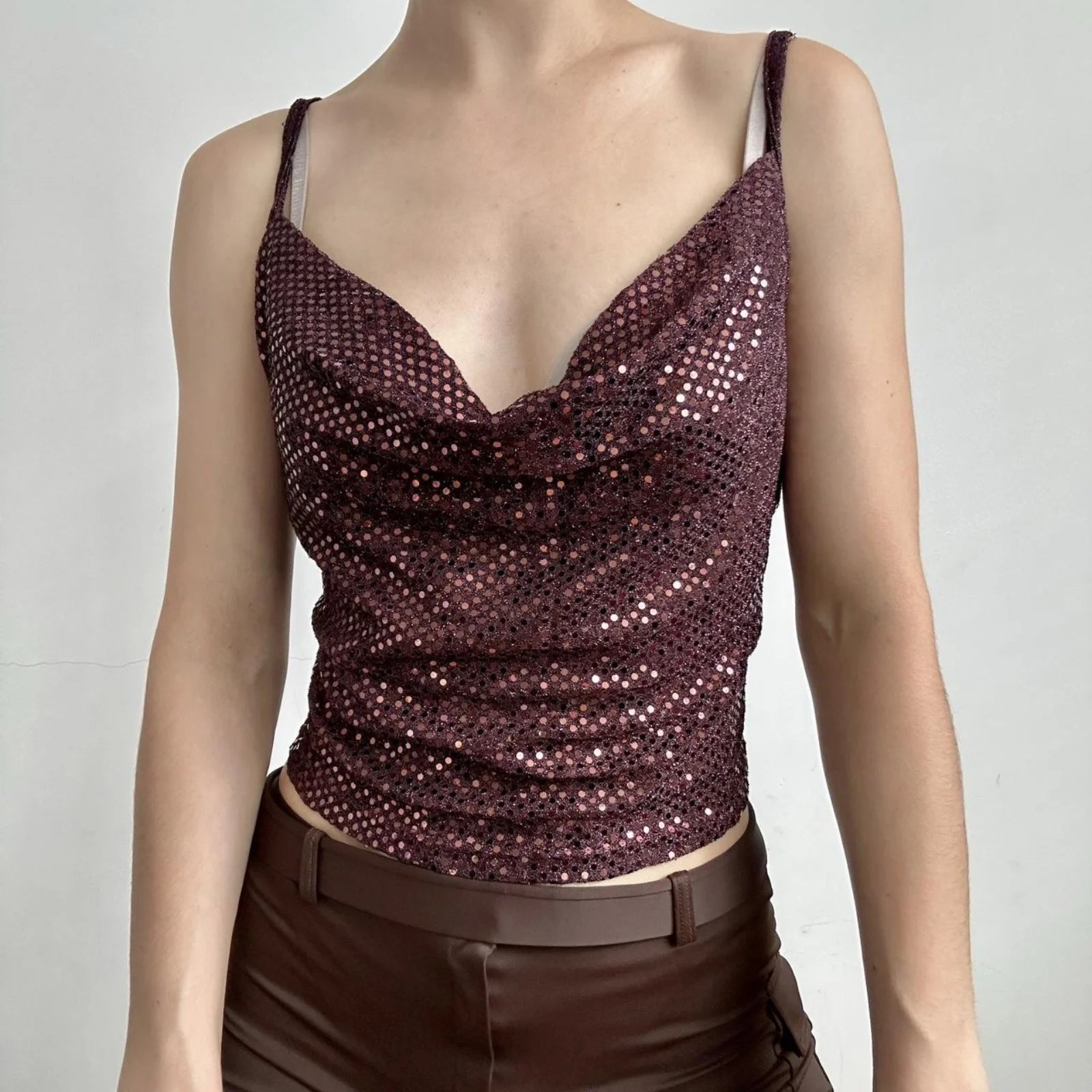 Red Sequins V-Neck Slim Backless Tank Top