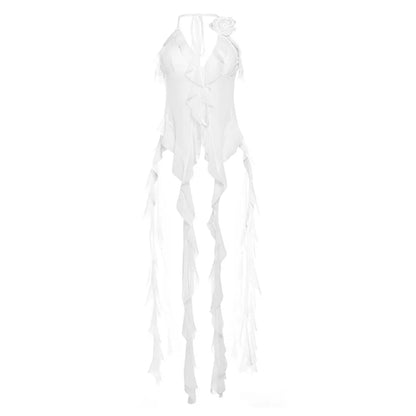 Ruffles Mesh Deep V-Neck Halter Top