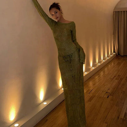 Green Knitted Backless Maxi Dress