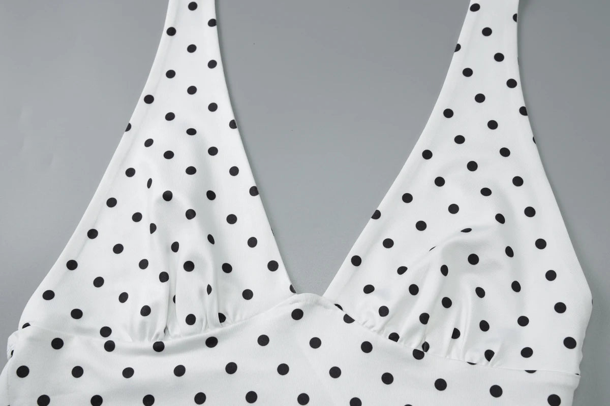 White Halter Sleeveless Backless Slim Polka Dot Top