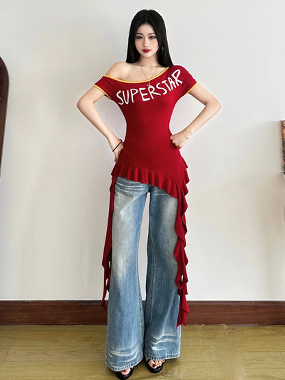 Incline Shoulder Ruffle Splice Tee Top