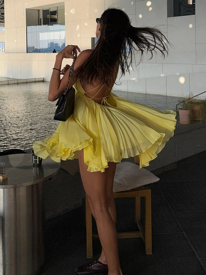 Backless Patchwork Mini Bodycon Dress with Lace-Up Design