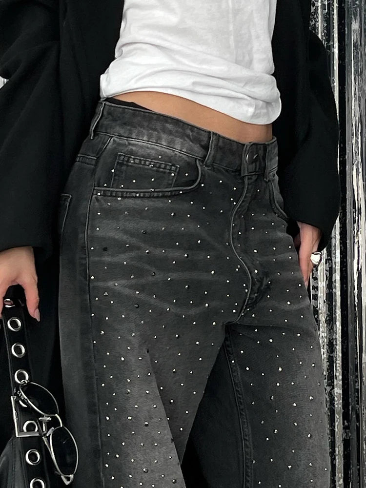Rhinestone Loose Jeans Low Waisted Pockets Zipper Pants Bottoms