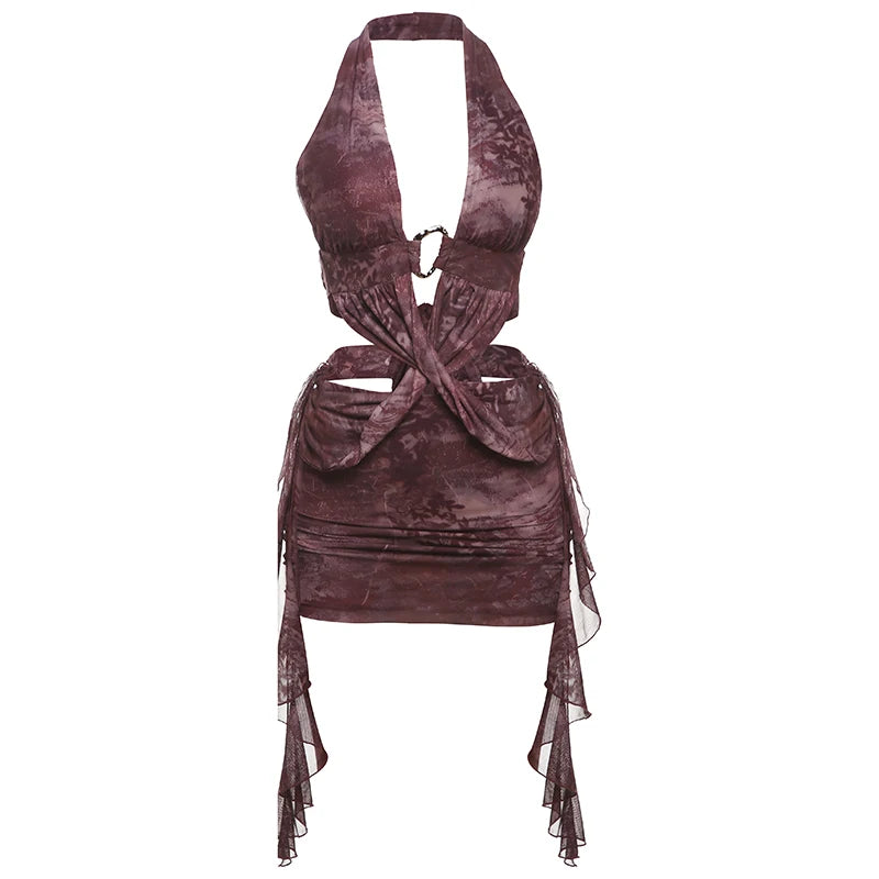 Dress Backless Tassel Cross Metal Rings Halter Lace-Up Pleated Waistless Mini Bodycon