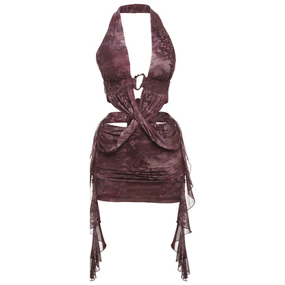 Backless Tassel Cross Metal Rings Halter Mini Dress PURPLE