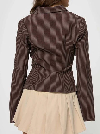 Striped Print Button-Up Blouse with Flare Sleeves