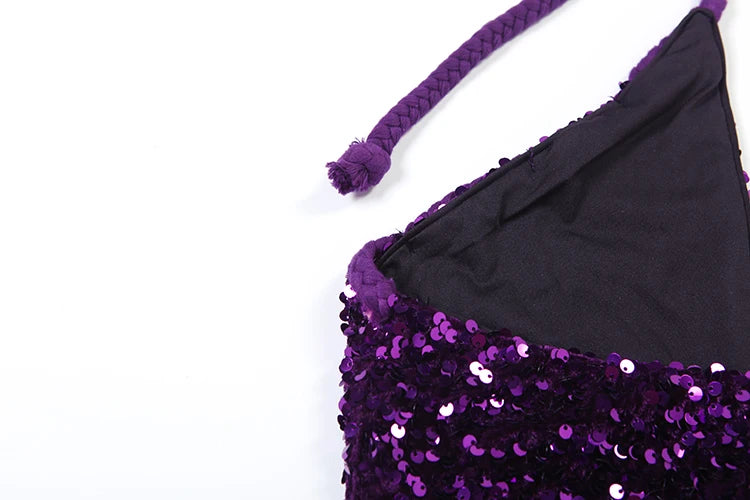 Purple Sequins Backless Slim Mini Dress