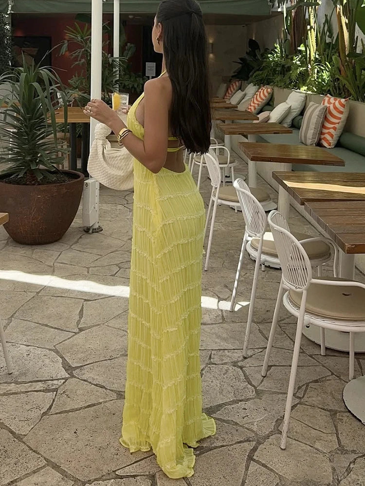 Backless See Through Halter Maxi Dress Sleeveless High Waist Dress Loose